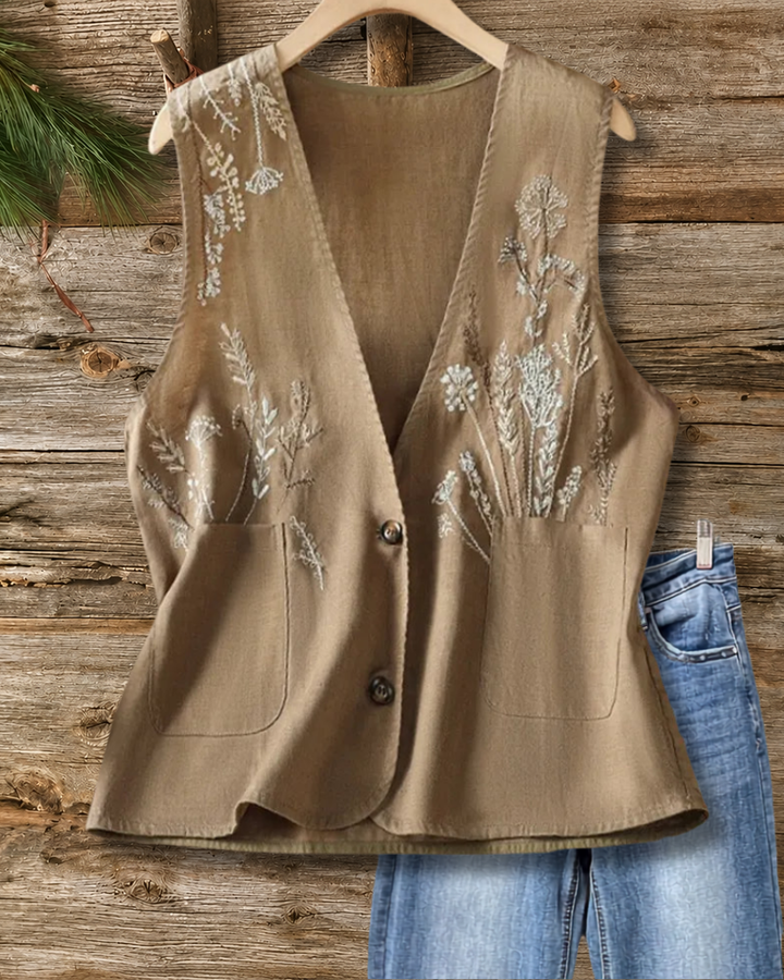 V Neck Button Front Botanical Embroidered Pocket Casual Vest