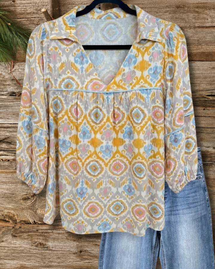 Collared V Neck Gathered Ikat Print 3/4 Sleeve Blouse