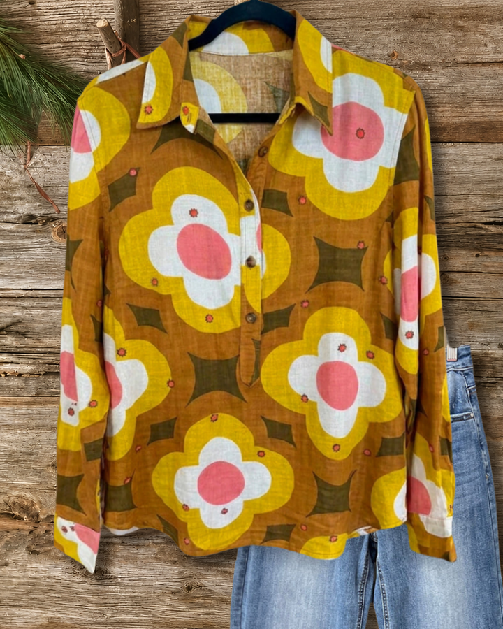 Retro Floral Print Collared Long Sleeve Button Front Shirt