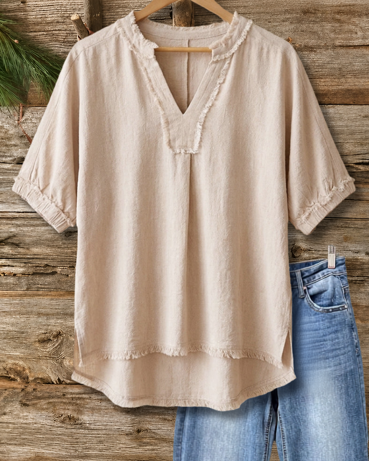 Frayed Trim V Neck Cozy Blouse