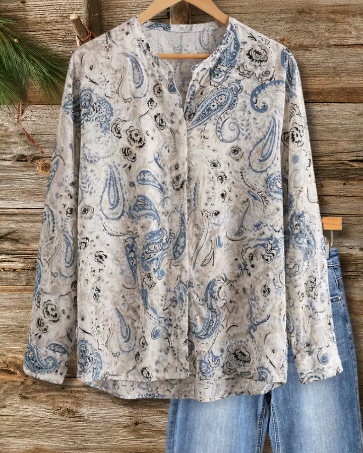 Paisley Print Button V Neck Blouse
