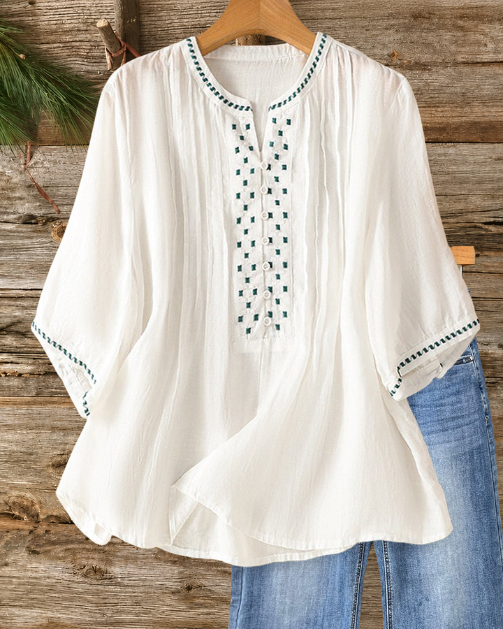 Embroidered V Neck Pleated 3/4 Sleeve Blouse