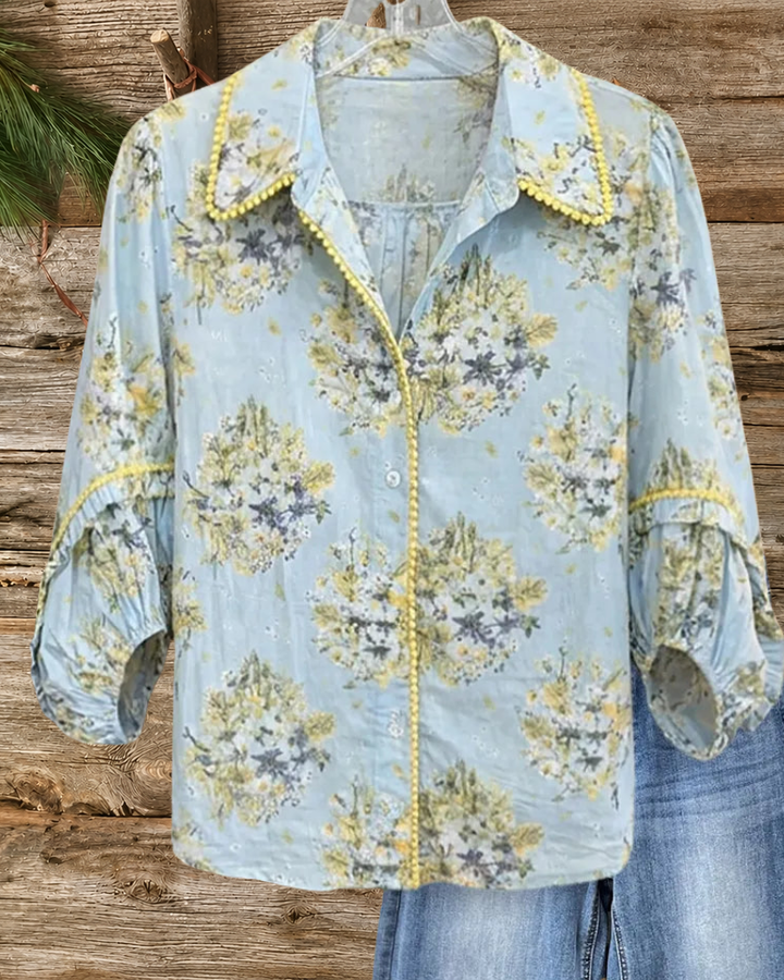 Floral Print Contrast Trim Ruffled Sleeve Collared Blouse
