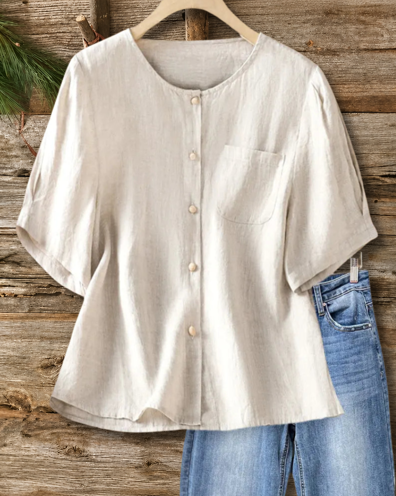 Button Front Short Sleeve Chest Pocket Blouse