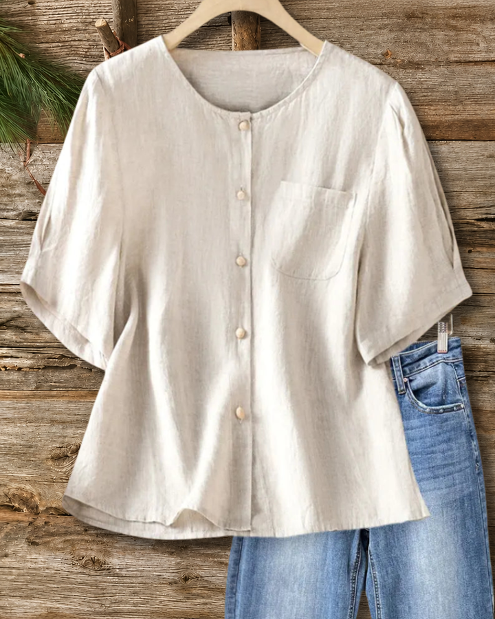 Button Front Short Sleeve Chest Pocket Blouse