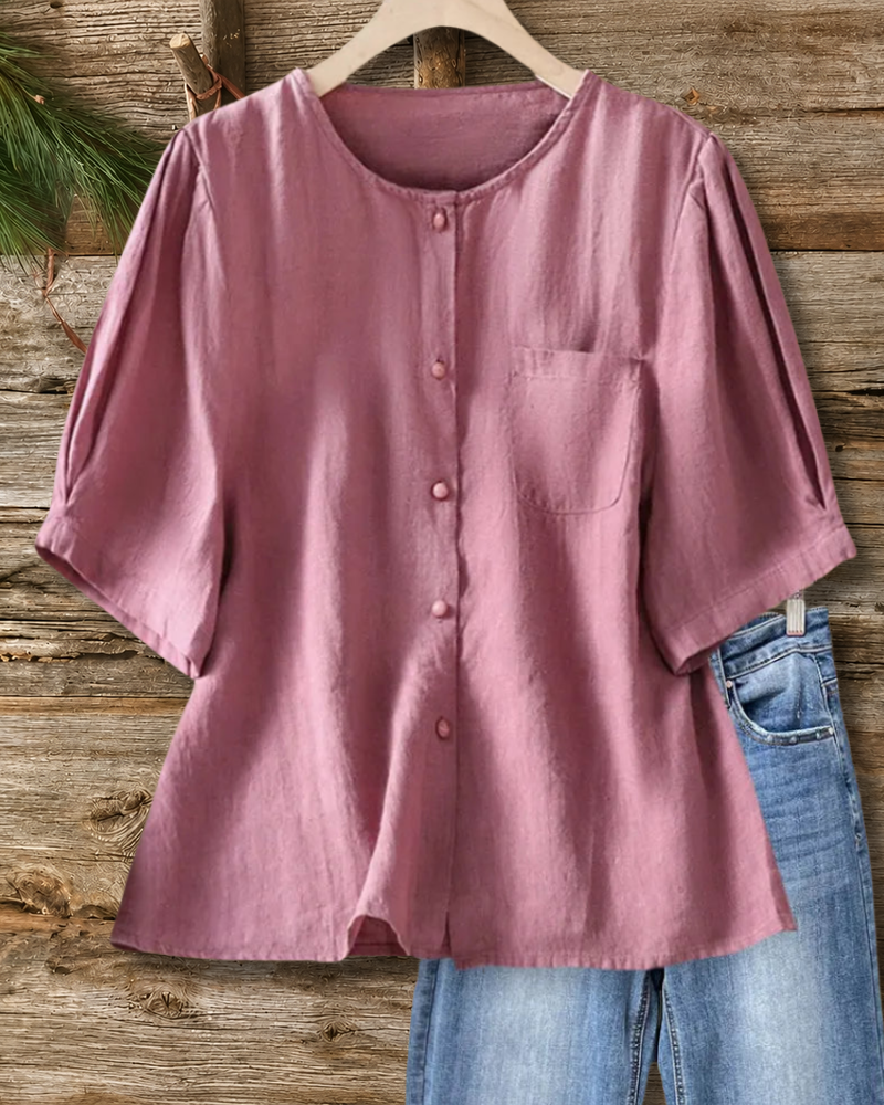 Button Front Short Sleeve Chest Pocket Blouse