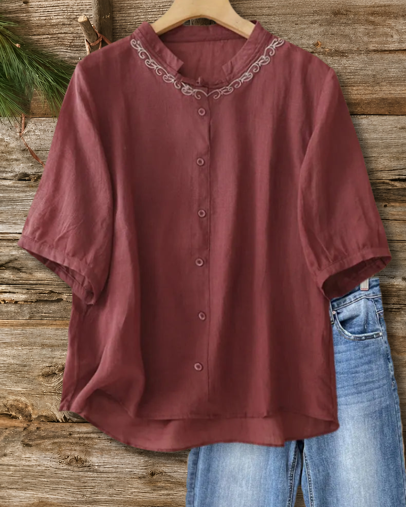 Mandarin Collar Button Front Puff Sleeve Blouse