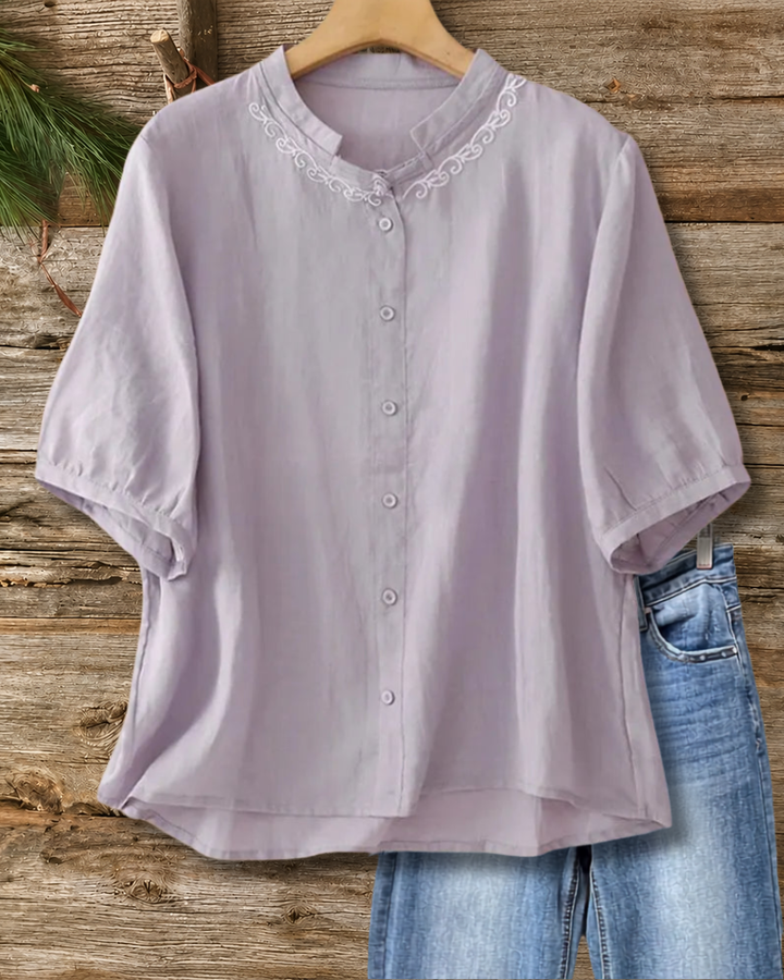 Mandarin Collar Button Front Puff Sleeve Blouse