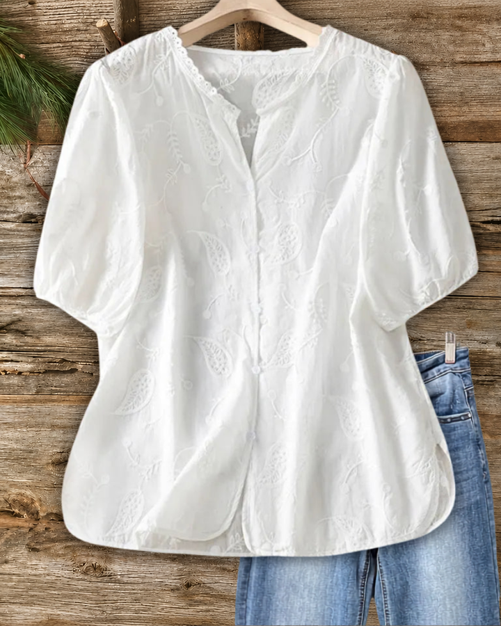 Embroidered Puff Sleeve Lace Trim Button Front Casual Blouse