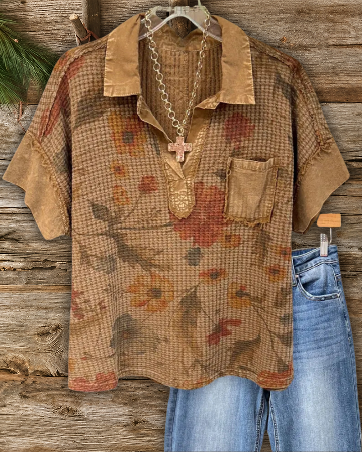 Floral Print Waffle Knit Patch Pocket Blouse