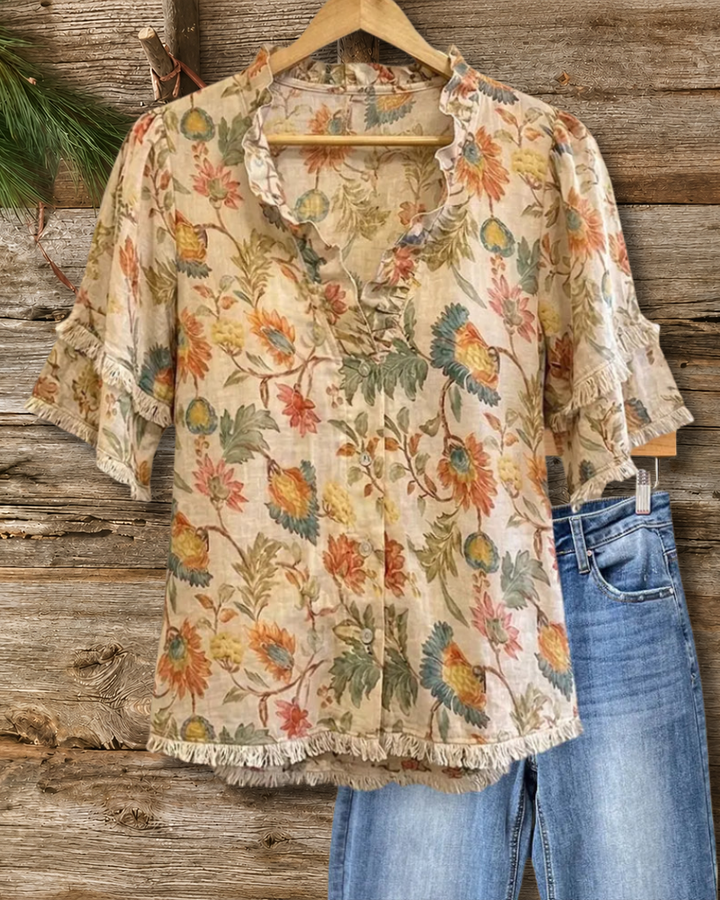 V Neck Ruffled Tiered Sleeve Blouse
