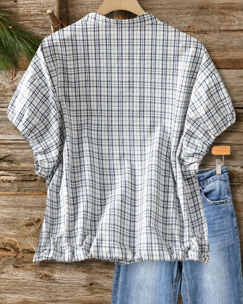 Plaid Tie Neck Button Front Puff Sleeve Casual Blouse