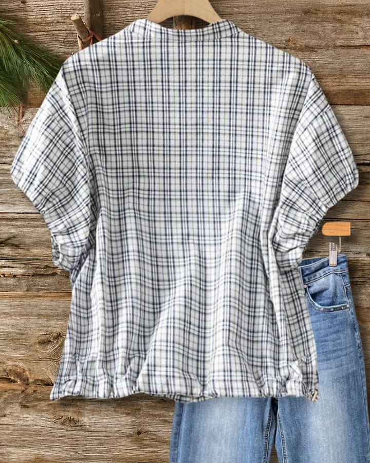 Plaid Tie Neck Button Front Puff Sleeve Casual Blouse