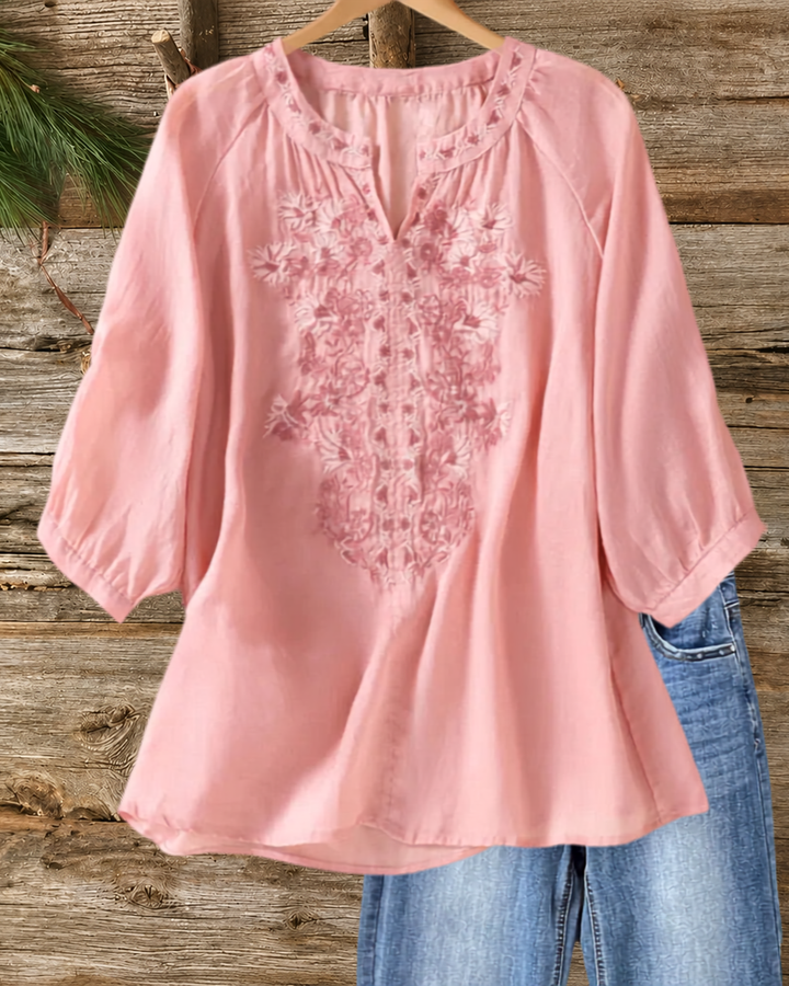 Floral Embroidered V Neck 3/4 Sleeve Loose Casual Blouse