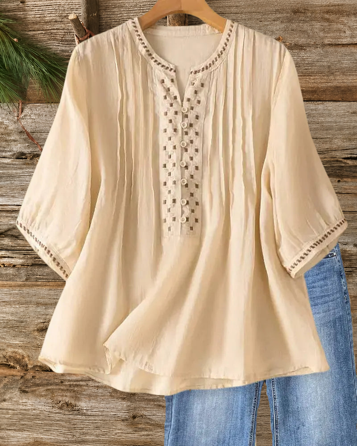 Embroidered V Neck Pleated 3/4 Sleeve Blouse