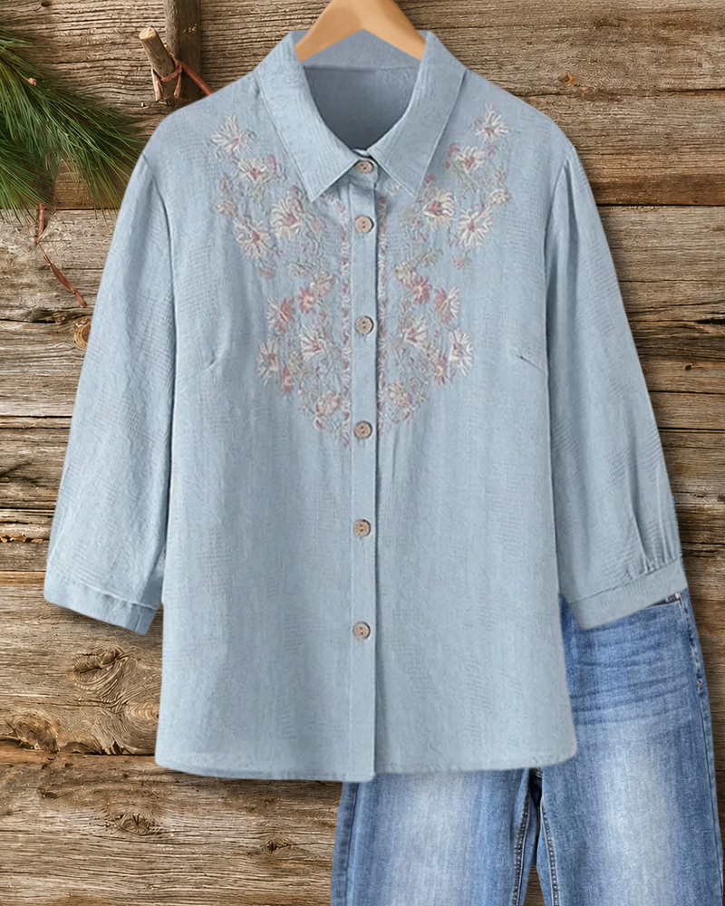 Embroidered Lapel Button Shirt