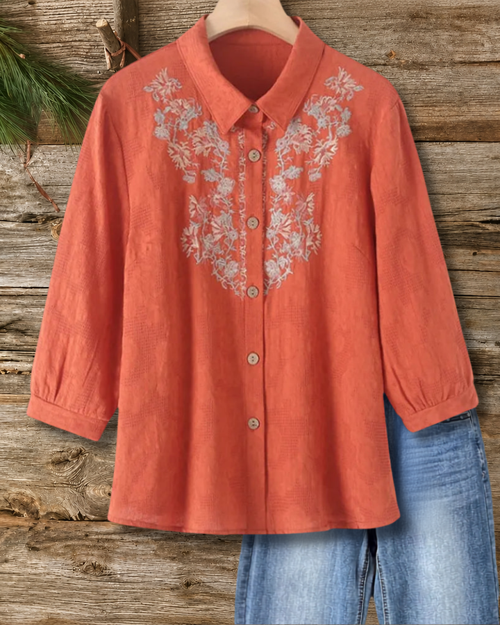 Embroidered Lapel Button Shirt