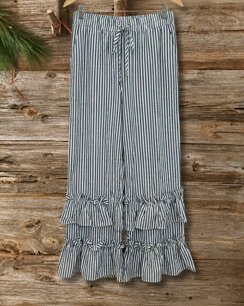 Casual Striped Drawstring Waist Tiered Ruffled Wide Leg Pants