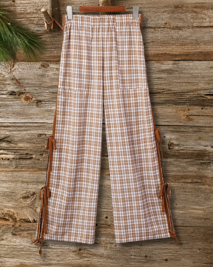 Plaid Side Tie Elastic Waist Wide Leg Pants