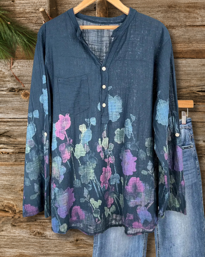 Floral Print Split Neck Pocket Casual Wear Blouse