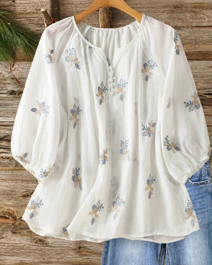 Floral Embroidered Puff Sleeve Blouse