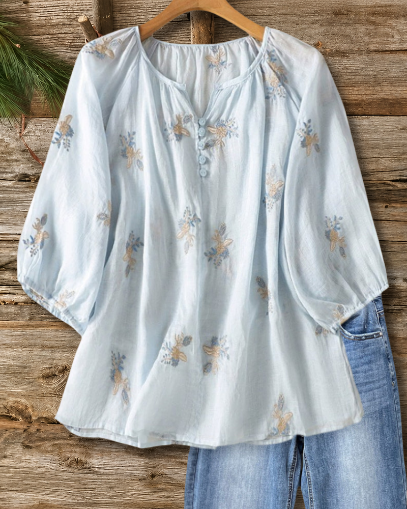 Floral Embroidered Puff Sleeve Blouse