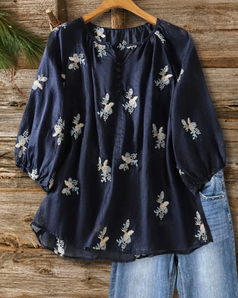 Floral Embroidered Puff Sleeve Blouse