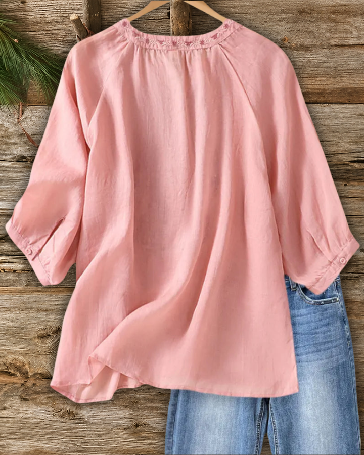 Floral Embroidered V Neck 3/4 Sleeve Loose Casual Blouse