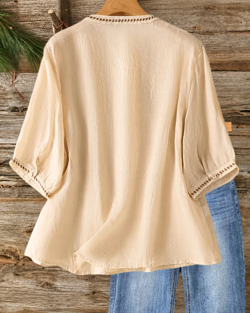 Embroidered V Neck Pleated 3/4 Sleeve Blouse
