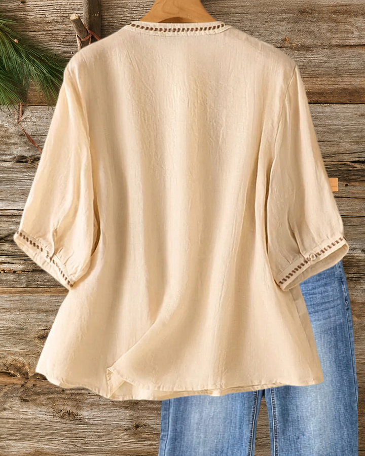 Embroidered V Neck Pleated 3/4 Sleeve Blouse