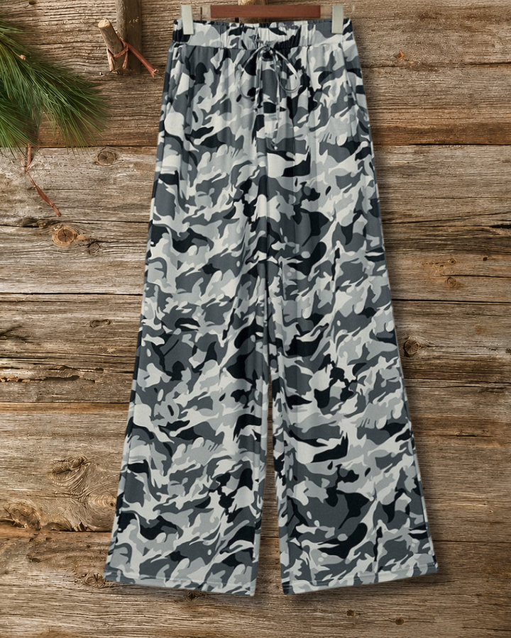 Camouflage Drawstring Waist Wide Leg Pants
