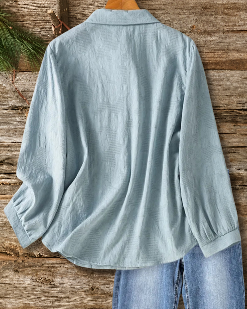 Floral Embroidery Collared Button Down Long Sleeve Casual Shirt
