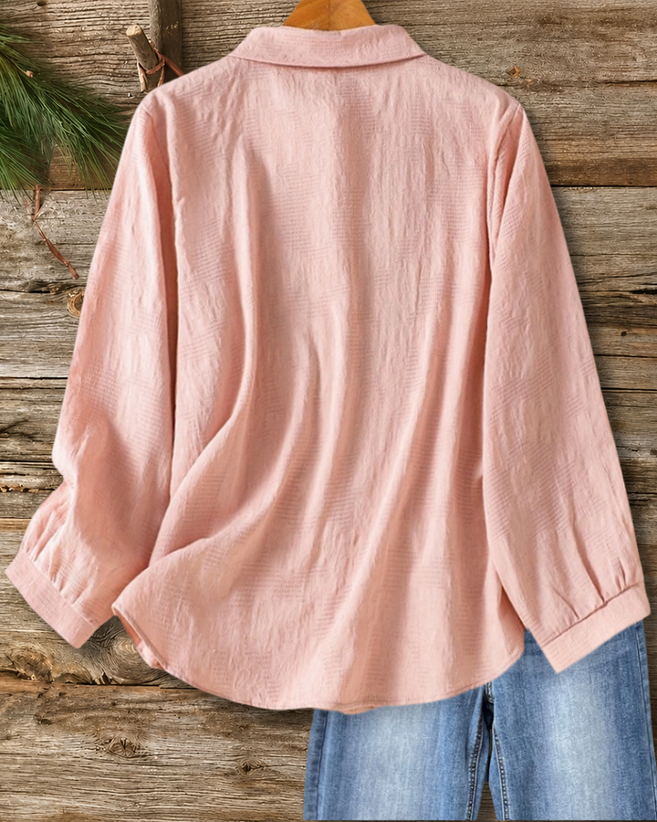Floral Embroidery Collared Button Down Long Sleeve Casual Shirt