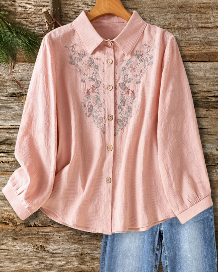 Floral Embroidery Collared Button Down Long Sleeve Casual Shirt