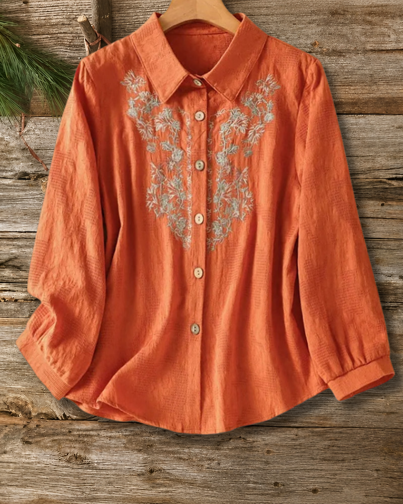 Floral Embroidery Collared Button Down Long Sleeve Casual Shirt