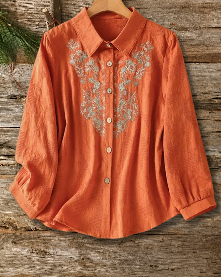 Floral Embroidery Collared Button Down Long Sleeve Casual Shirt