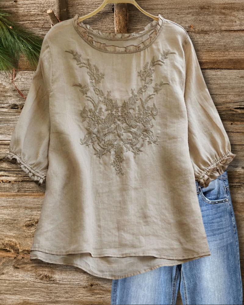 Embroidered Ruffled Trim O-Neck High-Low Hem Loose Casual Blouse