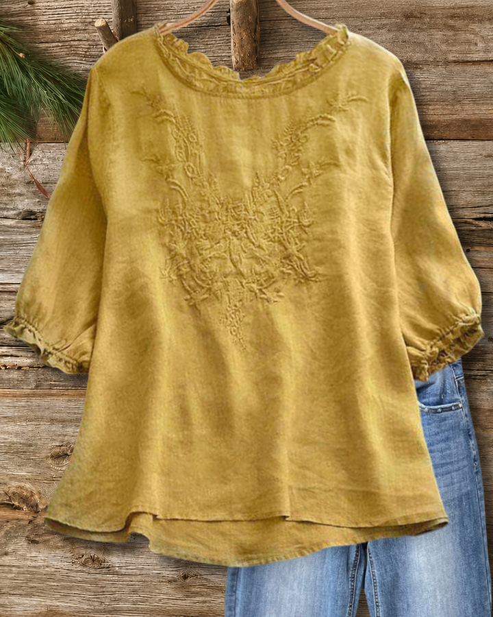Embroidered Ruffled Trim O-Neck High-Low Hem Loose Casual Blouse