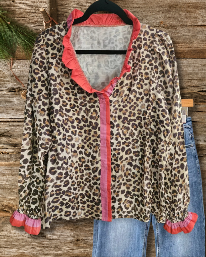 Leopard Print Bold V Neck Ruffles Blouse