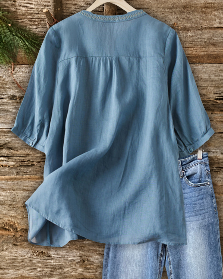 Floral Embroidered V Neck Half Sleeve Loose Casual Blouse