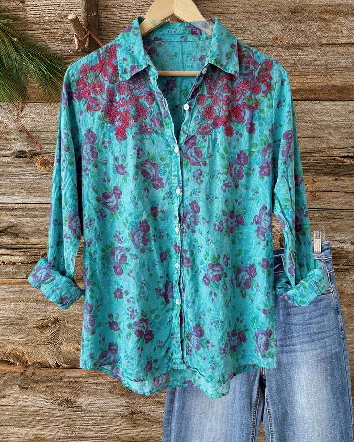 Floral Print Embroidered Collared Long Sleeve Button Up Feminine Shirt
