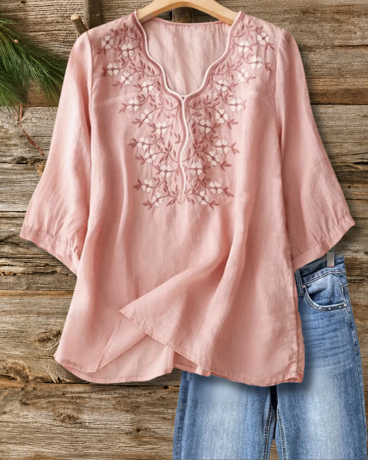 Embroidered V Neck 3/4 Sleeve High Low Loose Blouse