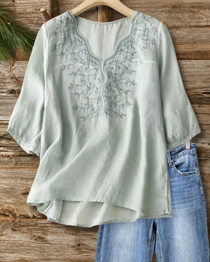 Embroidered V Neck 3/4 Sleeve High Low Loose Blouse