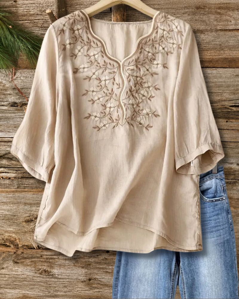 Embroidered V Neck 3/4 Sleeve High Low Loose Blouse