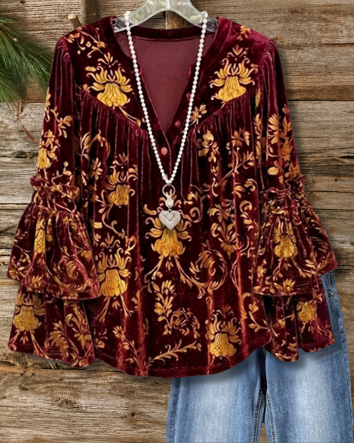 Burnout Tiered Flare Sleeve Blouse