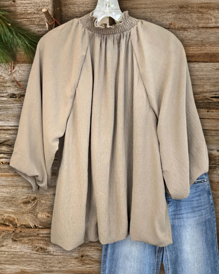 Solid Color V Neck Lantern Sleeve Loose Simple Blouse