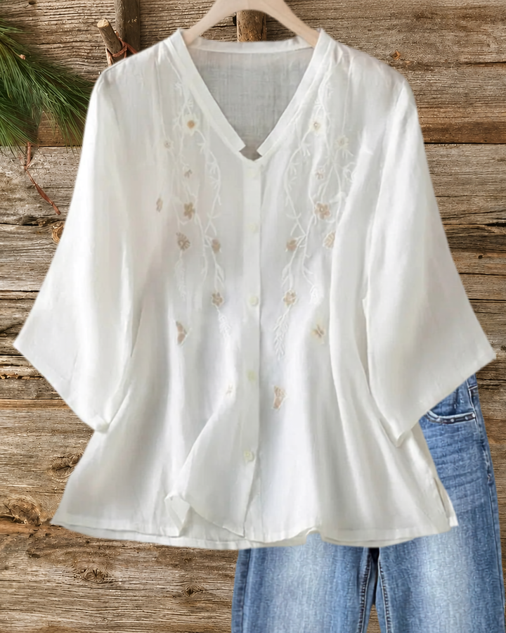 Embroidered V Neck Button 3/4 Sleeve Blouse