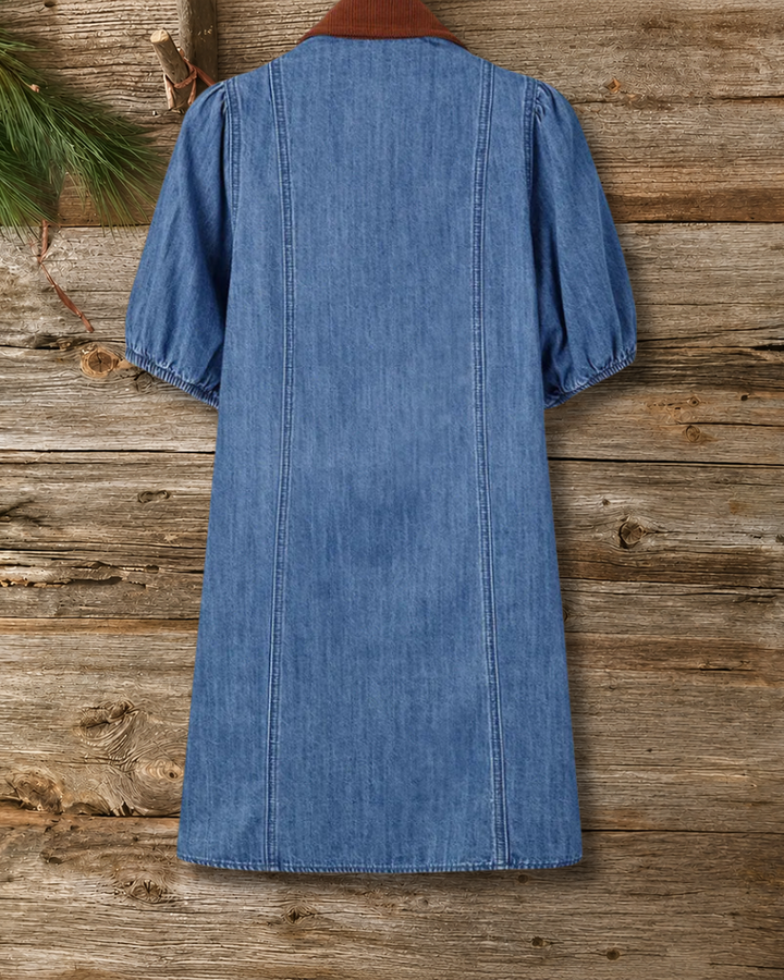 Contrast Collar Puff Sleeve Button Front Patch Pocket Shirt Mini Dress