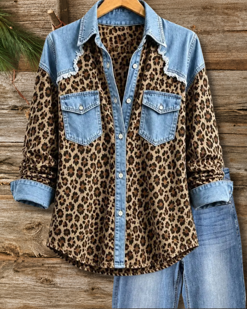 Leopard Denim Patchwork Button Shirt