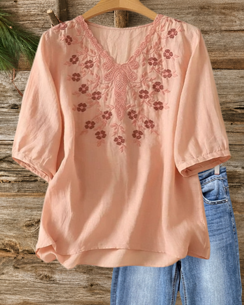Floral Embroidered Half Sleeve Blouse